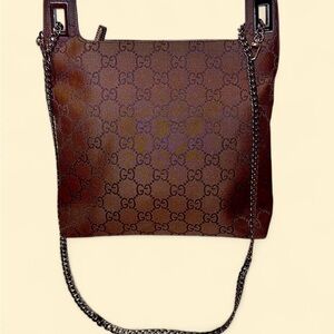 Authentic Gucci GG Canvas Shoulder Bag|Brown Nylon w/Black Logo|Unbranded Chain
